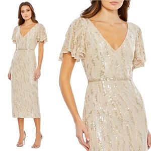 Mac Duggal Size 20 Sequin Vneck FlutterSleeve Tea Length Midi Oyster 93591 Dress